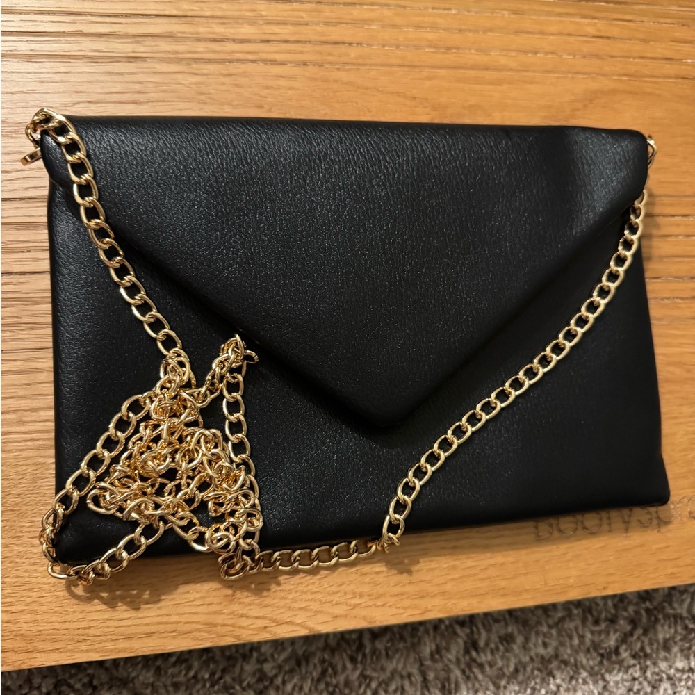 Black Envelope Clutch with Gold Chain